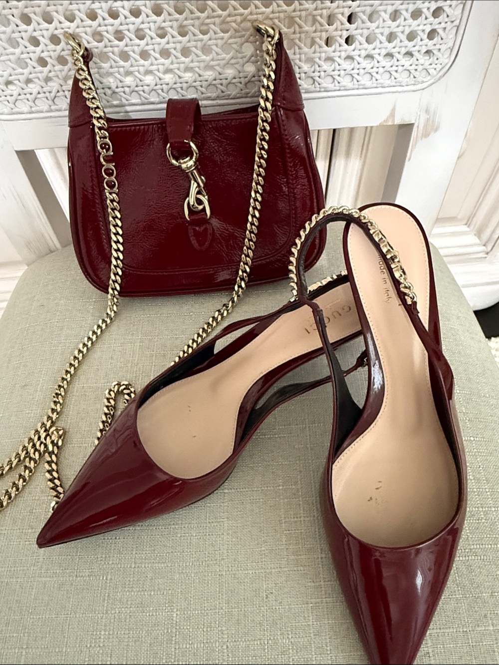 Gucci Women's Burgundy Patent Pointed-Toe Slingback Pumps and purse